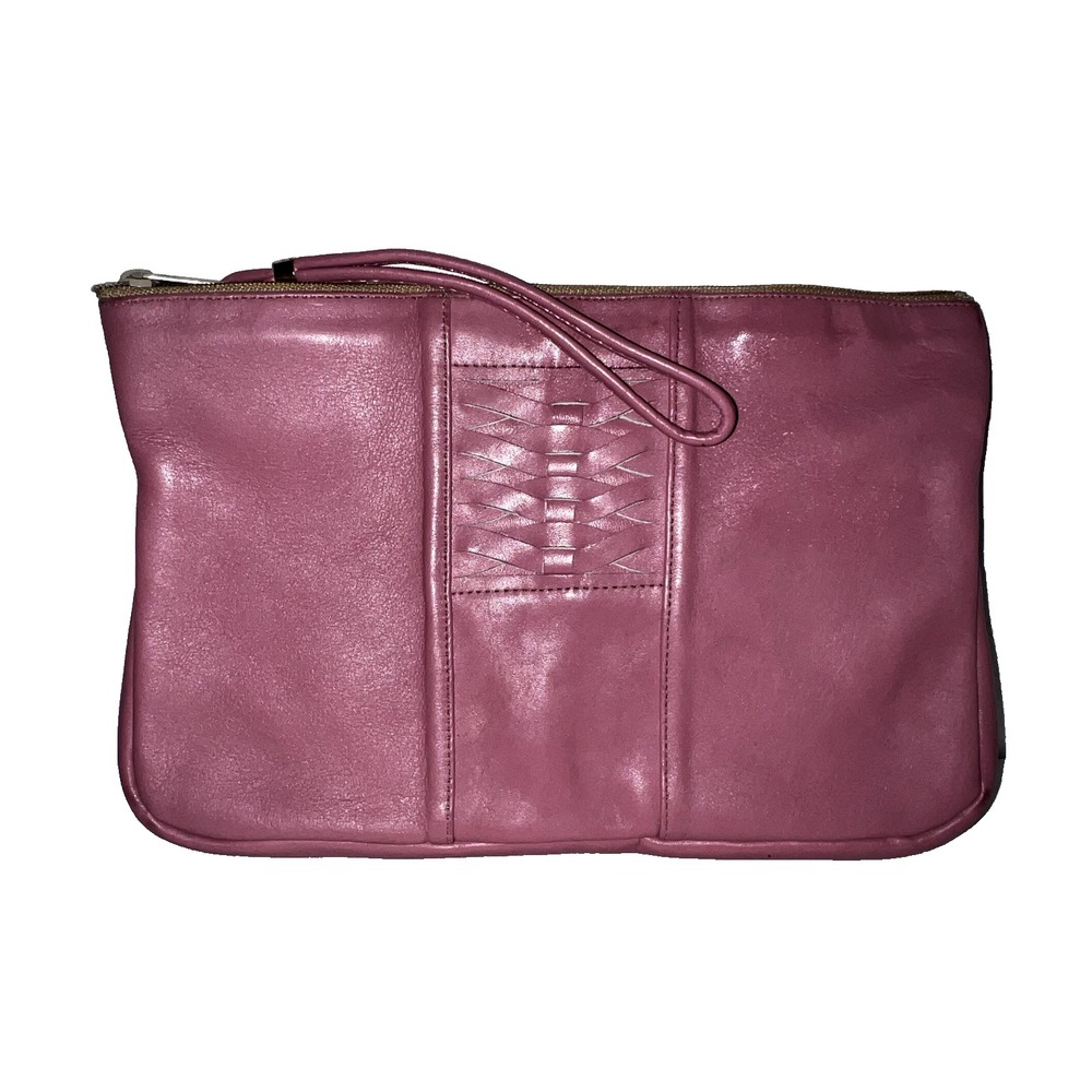 Plum Purple Leather Wristlet Clutch Bag Woven‎ Lattice Detail Zip Top Handbag